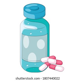 Medical vaccine bottle.  Vaccine vial flat cartoon illustration. Medical Immunization.