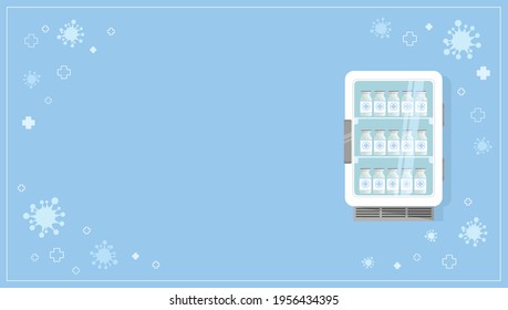 Medical Vaccine Fridge Background. Cute Laboratory Refrigerator With Vaccine Bottles Vials Inside. Web Page Poster Template With Empty Space For Your Text. Health Care Concept.Flat Vector Illustration