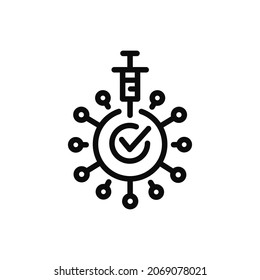 Medical Vaccine Line Icon Isolated On White. Vaccination Of Covid Flu Virus. Simbol For Certificate Pasport. Outline Flat Design. Vector Illustration.