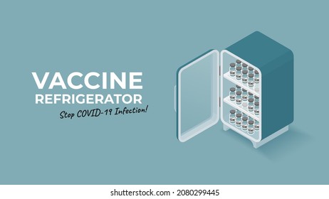 Medical Vaccine Refrigerator 3d Isometric Vector Illustration Background. Covid-19 Viral Vaccine Bottles Standing On Shelves Of Hospital Fridge Cooler Storage. Health Care Laboratory Equipment.