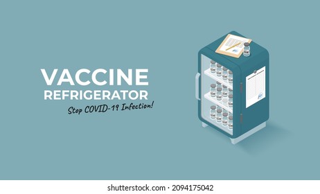 Medical vaccine refrigerator banner background. 3d isometric medical fridge with shelves full of covid-19 vaccine bottles, vaccination schedule and medical clipboard tablet. Laboratory equipment.