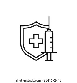 Medical vaccine symbol vector. Shield and injection icon.