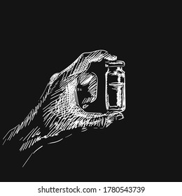 Medical vaccine tube in hand. Prevention, immunization and treatment of disease concept. Vector white sketch on black background, Hand drawn illustration