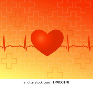 Medical vector background - red heart, ekg and crosses