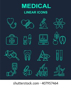Medical vector blue line style icon set on black. Medicine and health linear symbols.