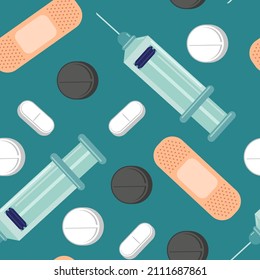 Medical vector cartoon seamless pattern on a blue background for wallpaper, wrapping, packing, and backdrop.