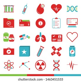 Medical Vector Collection Of Icons For COVID-19 Prevention. Syringe, Test Tube, DNA, Blood, Pulse Line, Heart, Wound Patch, First Aid Box Kit, Molecules, Capsules And Pills. COVID-19 Resource Hub Set.