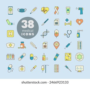 Conjunto de iconos planos de Vector médico. Medicina y salud, signo de Asistencia médica. Símbolo gráfico para Sitio web médico y diseño de App, logotipo, App, UI