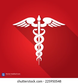 Medical Vector Icon ,Caduceus Sign With Shadow Red Background