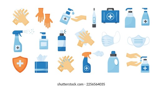 Icono de vector médico. Higiene. Desinfecte el frasco de gel. Esparcimiento y jabón de alcohol, conjunto antiséptico, líquido antibacteriano, máscara protectora, guantes, toallitas. PPE. Ilustración de la atención de la salud