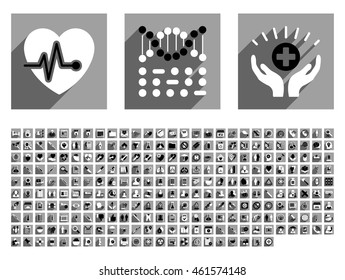Medical vector icon set with 256 items. Style is flat black and white icons with long shadow on gray square backgrounds.