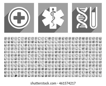 Medical Vector Icon Set With 348 Items. Style Is Flat White Symbols With Long Shadow On Gray Square Backgrounds.