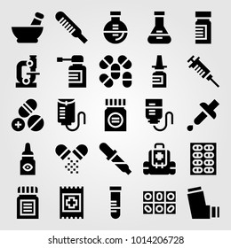 Medical vector icon set. aid, pills, inhaler and test tube
