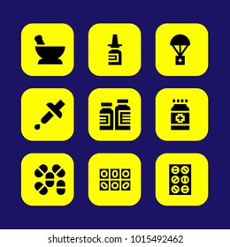 Medical vector icon set. aid, pipette, medicine and tablets