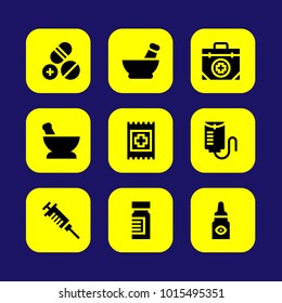 Medical vector icon set. band, pills, medicine and first aid kit