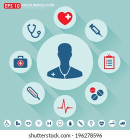 Medical vector icon set in blue & red colors