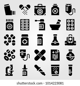 Medical vector icon set. bottle, inhaler, test tube and medicine