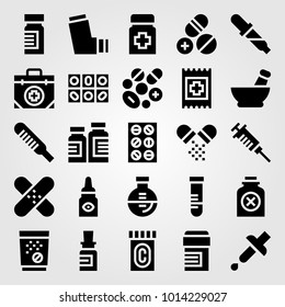 Medical vector icon set. bottle, thermometer, tube and pipette