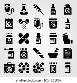 Medical vector icon set. bottle, band aid, inhaler and poison