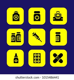 Medical vector icon set. bottle, first aid kit, medicine and patch