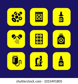 Medical vector icon set. bottle, eye drops, nasal spray and band aid
