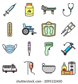 Paquete de colección de conjunto de iconos de vectores médicos, signo y símbolo en línea y plano.