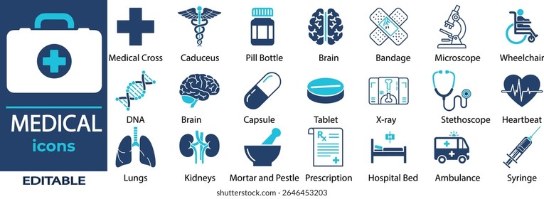 Medical vector icon set. Containing Caduceus, Brain, Bandage, Microscope, Wheelchair, DNA, Capsule, Tablet, X-ray, Stethoscope and more. Solid vector icons collection.
