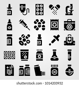 Medical vector icon set. drop counter, pills, microscope and first aid kit