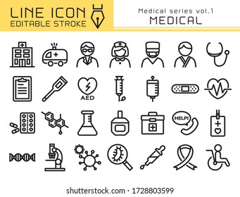 Medical vector icon set. Editable line stroke.