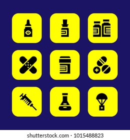 Medical vector icon set. eye drops, patch, pills and syringe