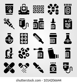 Medical vector icon set. flask, microscope, spray and drop counter