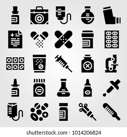 Medical vector icon set. flask, patch, microscope and medical result