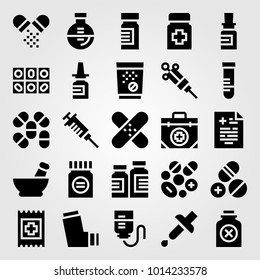 Medical vector icon set. flask, pipette, aid and tube