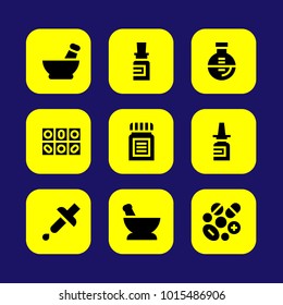 Medical vector icon set. flask, medicine, pills and nasal spray
