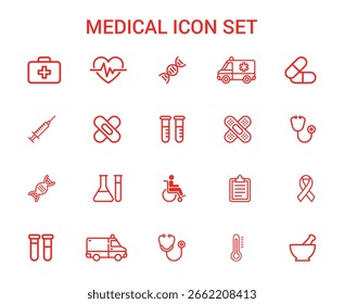 Conjunto de iconos de Vector médico que incluye atención médica, ambulancia, Portapapeles, mortero, ADN y más aislados sobre fondo blanco