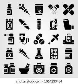 Medical vector icon set. inhaler, bottle, tablets and pipette
