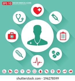 Medical vector icon set in light green & red colors