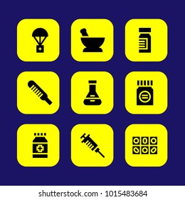 Medical vector icon set. medicine, pills, thermometer and flask