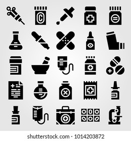 Medical vector icon set. microscope, poison, pipette and flask