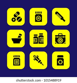 Medical vector icon set. mortar, pills, syringe and thermometer