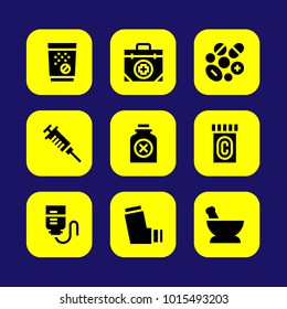 Medical vector icon set. mortar, bottle, syringe and drop counter