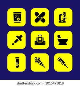 Medical vector icon set. mortar, test tube, tube and first aid kit