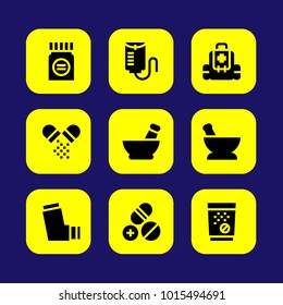 Medical vector icon set. mortar, drop counter, inhaler and medicine