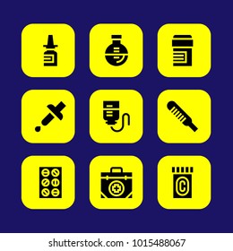 Medical vector icon set. nasal spray, pills, tablets and thermometer