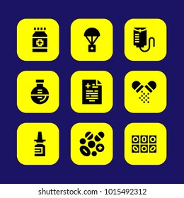 Medical vector icon set. nasal spray, pills, flask and drop counter