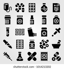 Medical vector icon set. patch, aid, flask and tablets