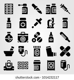 Medical vector icon set. pills, drop counter, spray and patch