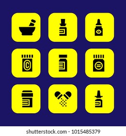 Medical vector icon set. pills, mortar, medicine and eye drops