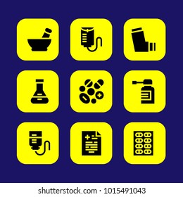 Medical vector icon set. pills, inhaler, drop counter and mortar