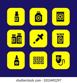 Medical vector icon set. pills, drop counter, aid and medicine